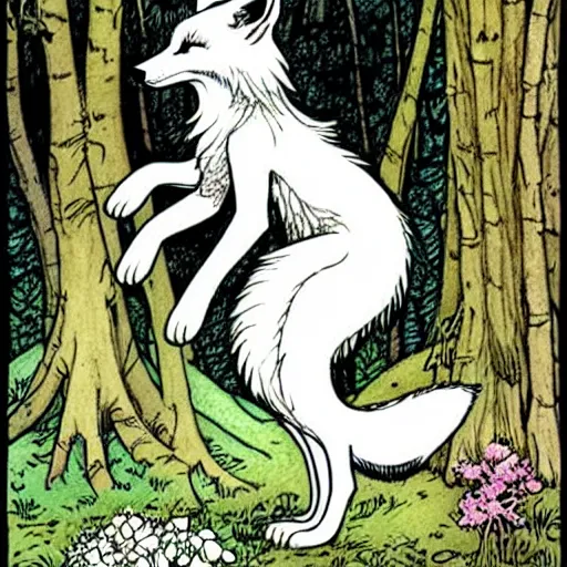 Prompt: A cute white-furred fox-girl Herbalist collecting flowers in the forest. Absurdly-detailed fantasy character illustration by Rebecca Guay and Wayne Reynolds