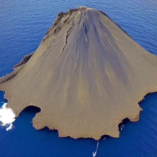 Prompt: a volcanic island sitting inside a glass of water