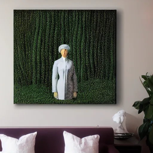 Image similar to portrait an artist in her apartment, wrapped in vines, black walls, puddles, moss, stone, acrylic on canvas, by magritte and monet