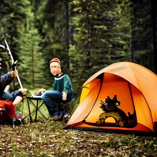 Prompt: photo of Calvin and Hobbes camping in the forest