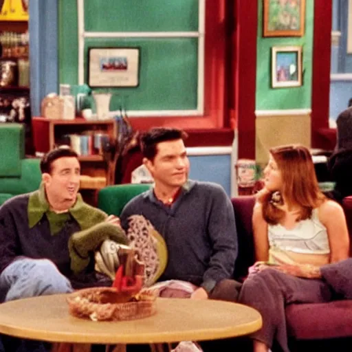 Prompt: still image from friends season 3 coffee shop green couch small cosy new york, by dr. suess