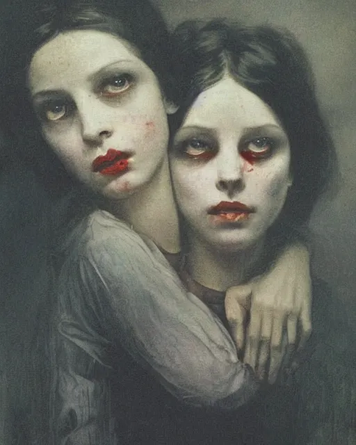 Prompt: a beautiful and eerie baroque painting of two beautiful but creepy siblings wearing oxford shirts in layers of fear, with haunted eyes and dark hair, 1 9 7 0 s, seventies, wallpaper, a little blood, morning light showing injuries, delicate embellishments, painterly, offset printing technique, by brom, robert henri, walter popp