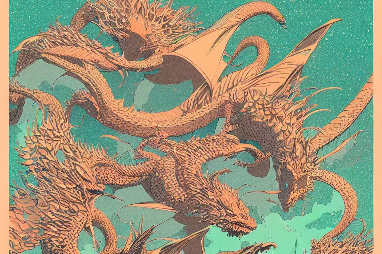 Image similar to a swarm of dragons, risograph, retro fantasy style, victo ngai, moebius, studio ghibli