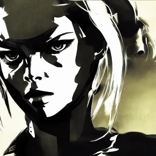 Prompt: a hyper real illustration of Elle Fanning in Metal Gear Solid by Yoji Shinkawa