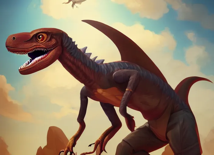 Prompt: character portrait feature of the anthro male anthropomorphic velociraptor dino fursona wearing airline pilot outfit uniform professional pilot character design stylized by charlie bowater, ross tran, artgerm, and makoto shinkai, detailed, soft lighting, rendered in octane, maldives in background