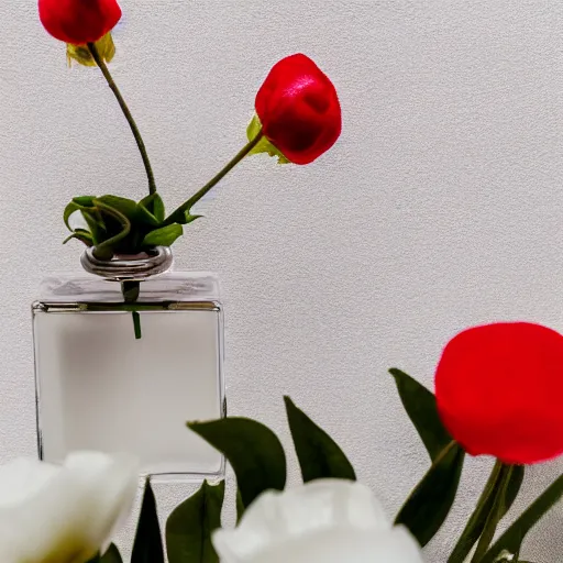 Image similar to perfume bottle sitting on a white surface surrounded by a plethora of red and white and peach flowers, bright white realistic, up close shot, white background, zen, light, modern minimalist f 2 0 blurry background