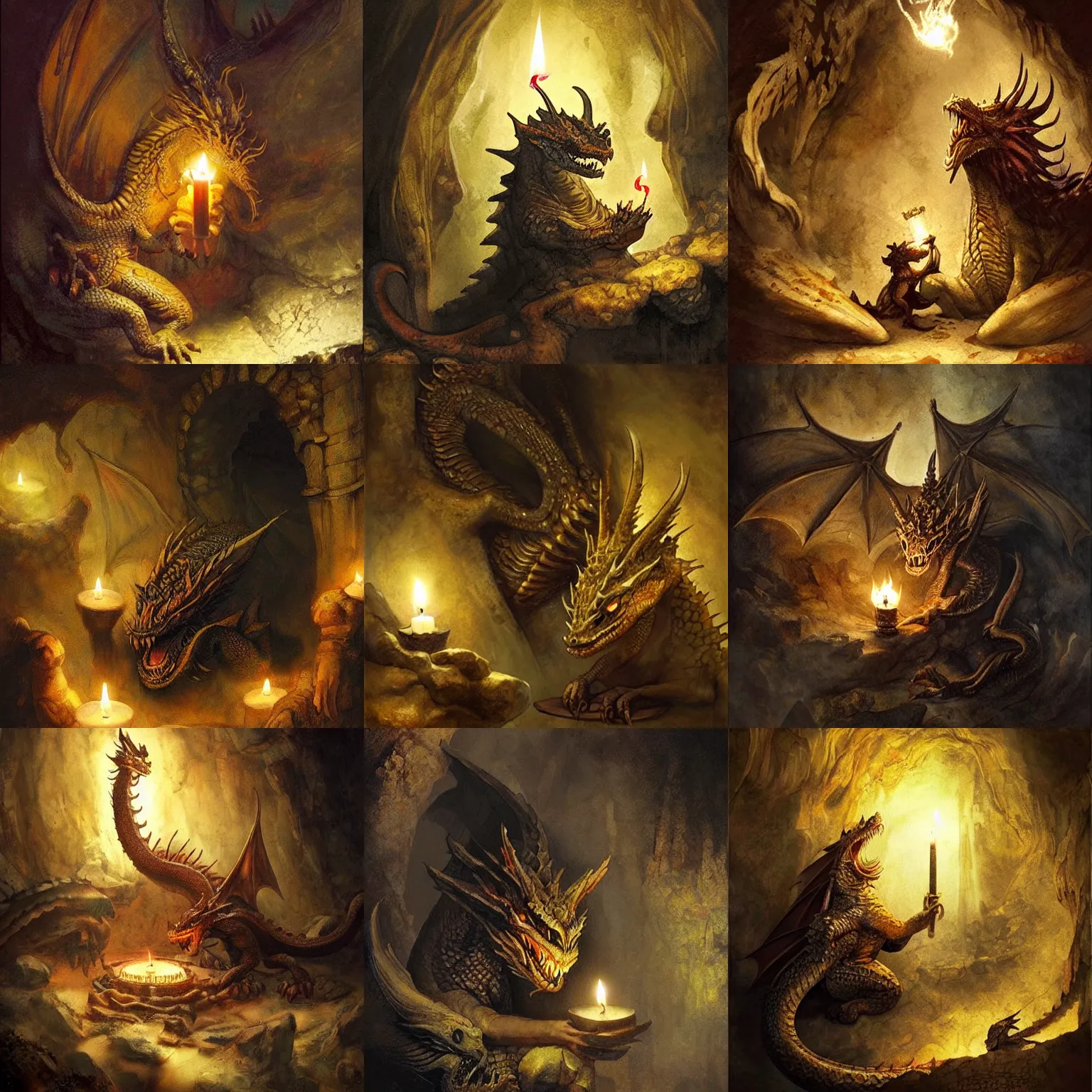 Prompt: a dragon is guarding a lumnious antique treasure!! in a mythical cave, legendary, atmospheric, gritty, realistic, candle light, fantasy concept art by Rembrandt and Da Vinci, Tolkien and michael komarck