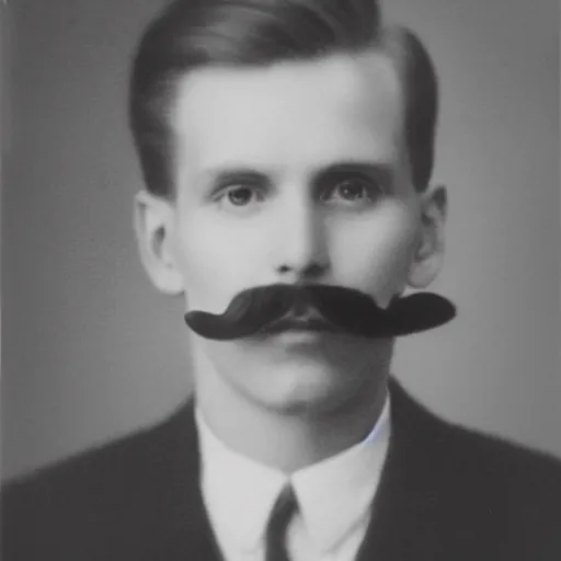 Image similar to A photograph portrait of Jerma985 with short hair and a pencil thin mustache in the early 1910s, taken in the early 1910s, grainy, taken on a early 1900s Kodak Camera, realistic, hyperrealistic, very realistic, highly detailed, very detailed, extremely detailed, detailed, digital art, trending on artstation
