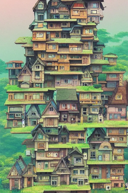 Image similar to stacked houses, solarpunk, studio ghibli