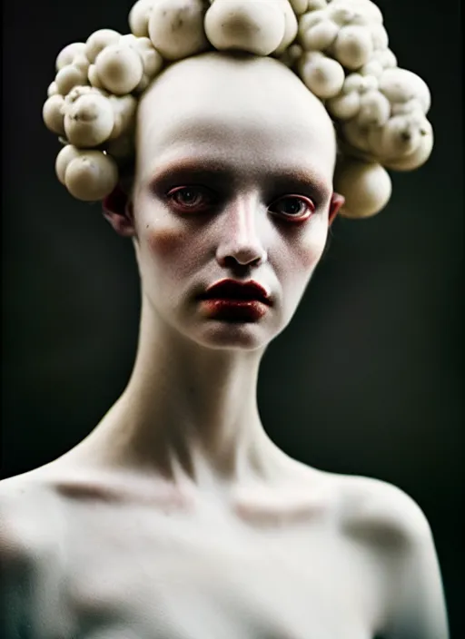 Image similar to cinestill 5 0 d photo portrait of a beautiful hybrid woman in style of tim walker by roberto ferri, weird marble body intricate detailed, hair is intricate gnarled ornament, 5 0 mm lens, f 1. 4, sharp focus, ethereal, emotionally evoking, head in focus, bokeh volumetric lighting, tonal colors outdoor