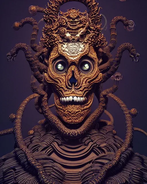 Image similar to 3 d ornate carved dark junji ito with profile portrait, sigma 5 0 0 mm f / 5. beautiful intricate highly detailed quetzalcoatl skull. bioluminescent, plasma, lava, ice, water, wind, creature, thunderstorm! artwork by tooth wu and wlop and beeple and greg rutkowski, 8 k trending on artstation