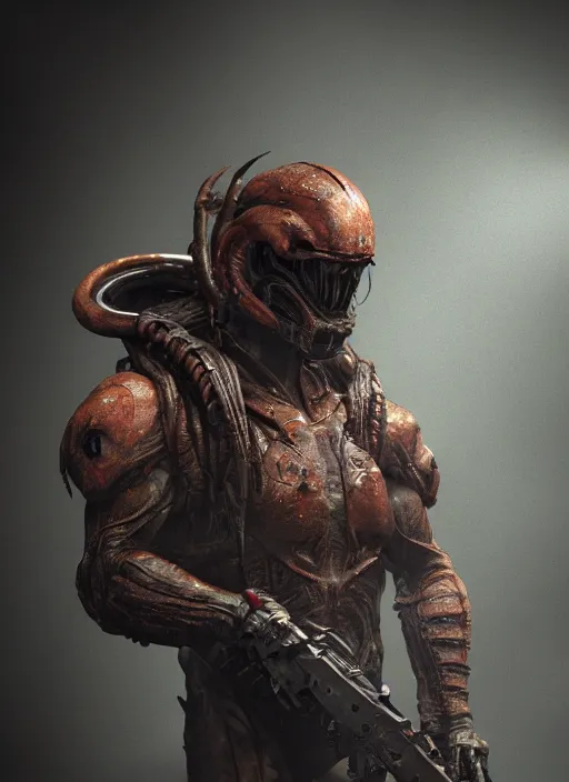 Image similar to a photorealistic dramatic hyperrealistic render of predator the alien hunter, ultra realistic details, well worn, rust, oil stains designed by vitaly bulgarov and mike nash, beautiful dramatic dark moody tones and lighting, cinematic atmosphere, studio lighting, global illumination, shadows, dark background, octane render, 8 k