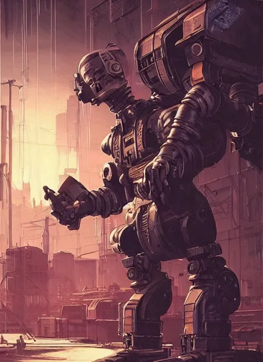 Image similar to Tough Gregory. Buff cyberpunk meathead wrestling a small robot. Realistic Proportions. Epic painting by James Gurney and Laurie Greasley. Moody Industrial setting. ArtstationHQ. Creative character design for cyberpunk 2077.