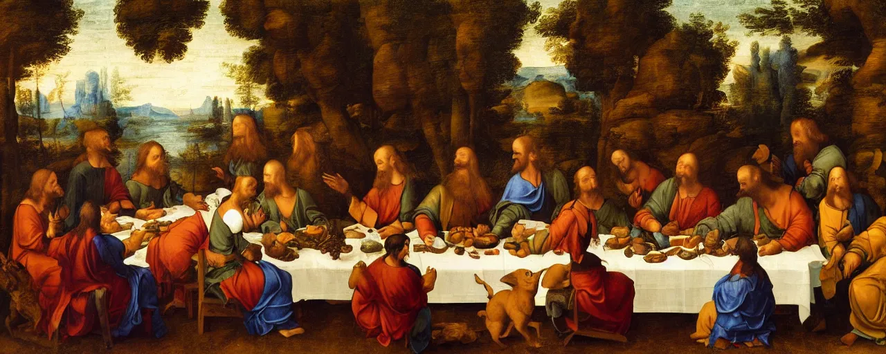 Image similar to A painting of animals sitting at the table in the forest. Style of The last supper by Leonardo Da Vinci