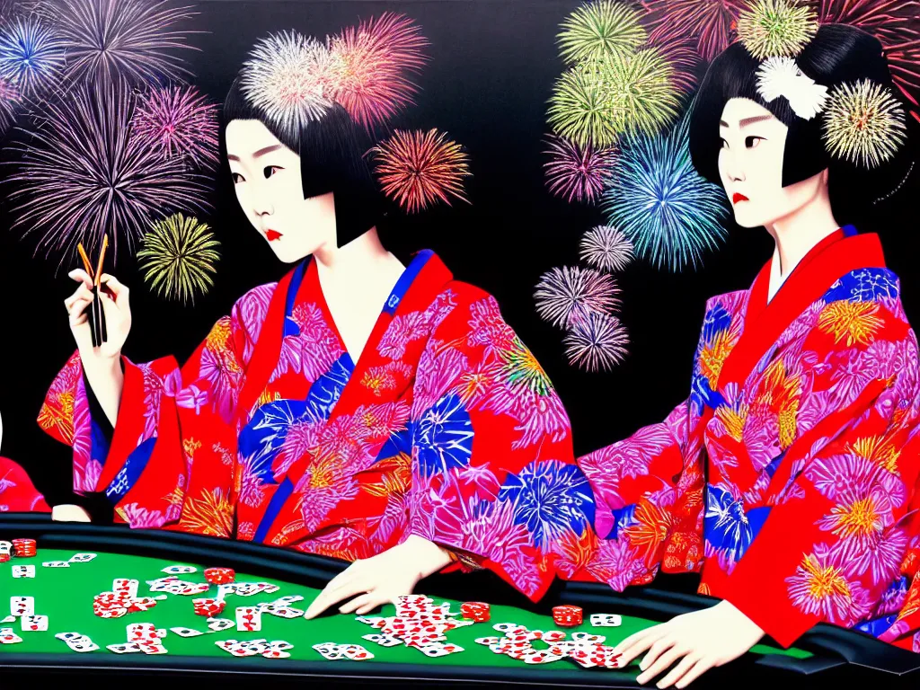 Image similar to hyperrealistic composition of the detailed woman in a japanese kimono sitting at a extremely detailed poker table with detailed darth vader, fireworks, mount fuji on the background, pop - art style, jacky tsai style, andy warhol style, acrylic on canvas