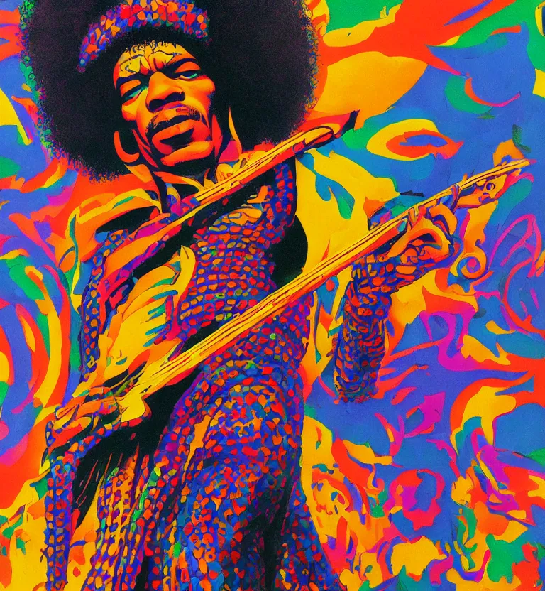 Prompt: colourful afrofuturist biomorphic opart, jimi hendrix full body, by pascal blanche and greg hildebrandt, 8 k