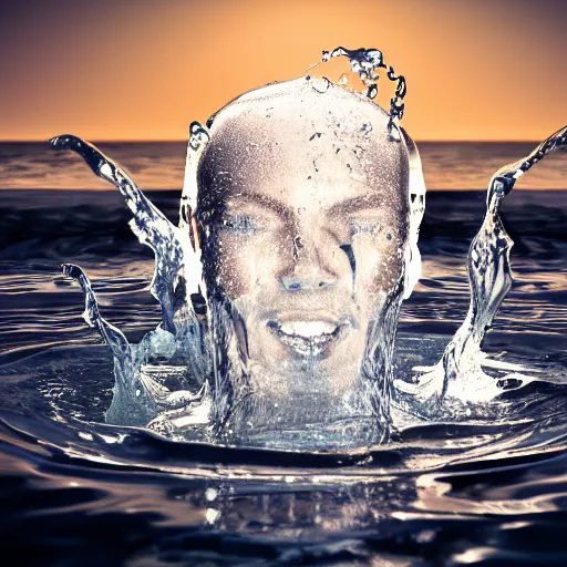 Image similar to spillin water creating a human head out of water, on the ocean water, ray tracing, realistic water sharp focus, long shot, 8 k resolution, cinematic, amazing water art