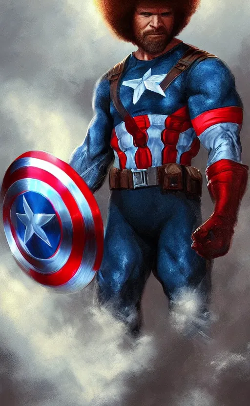 Image similar to bob ross as captain america, dynamic lighting, cinematic, ultra detailed, trending on art station, stunning visuals, creative, fantasy concept art