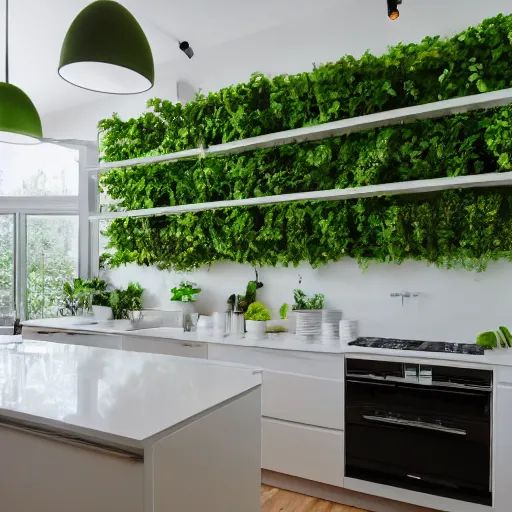 Image similar to a photograph of a contemporary kitchen, white with green accents, filled with plants and vines, wide angle, morning light,