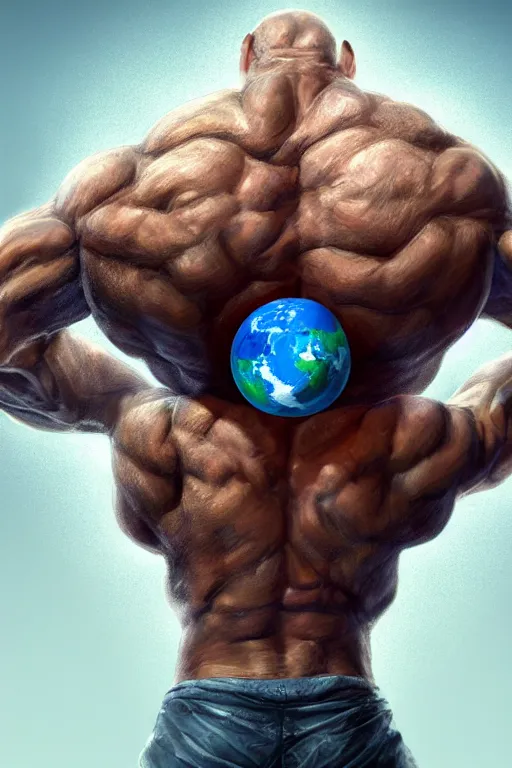 Image similar to a muscular man carrying the Earth on his back, big beard, bold, hyperrealistic, concept art, octane render, unreal engine 5, trending on Artstation, high quality, highly detailed, 8K, soft lighting, anatomically correct, five fingers, blue background, geometric, digital art, trending on DeviantArt, matte painting, fantasy style, dramatic lighting, cinematic