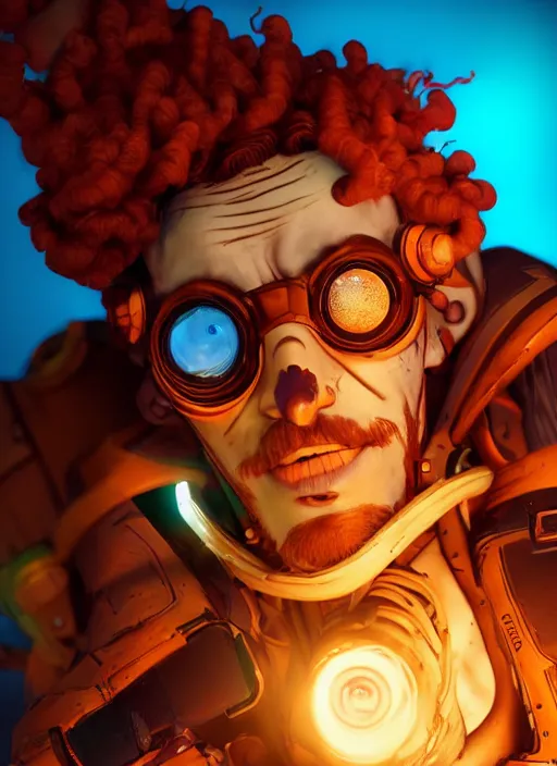 Image similar to glowwave portrait of curly orange haired mad scientist man from borderlands 3, au naturel, hyper detailed, digital art, trending in artstation, cinematic lighting, studio quality, smooth render, unreal engine 5 rendered, octane rendered, art style by pixar dreamworks warner bros disney riot games and overwatch.