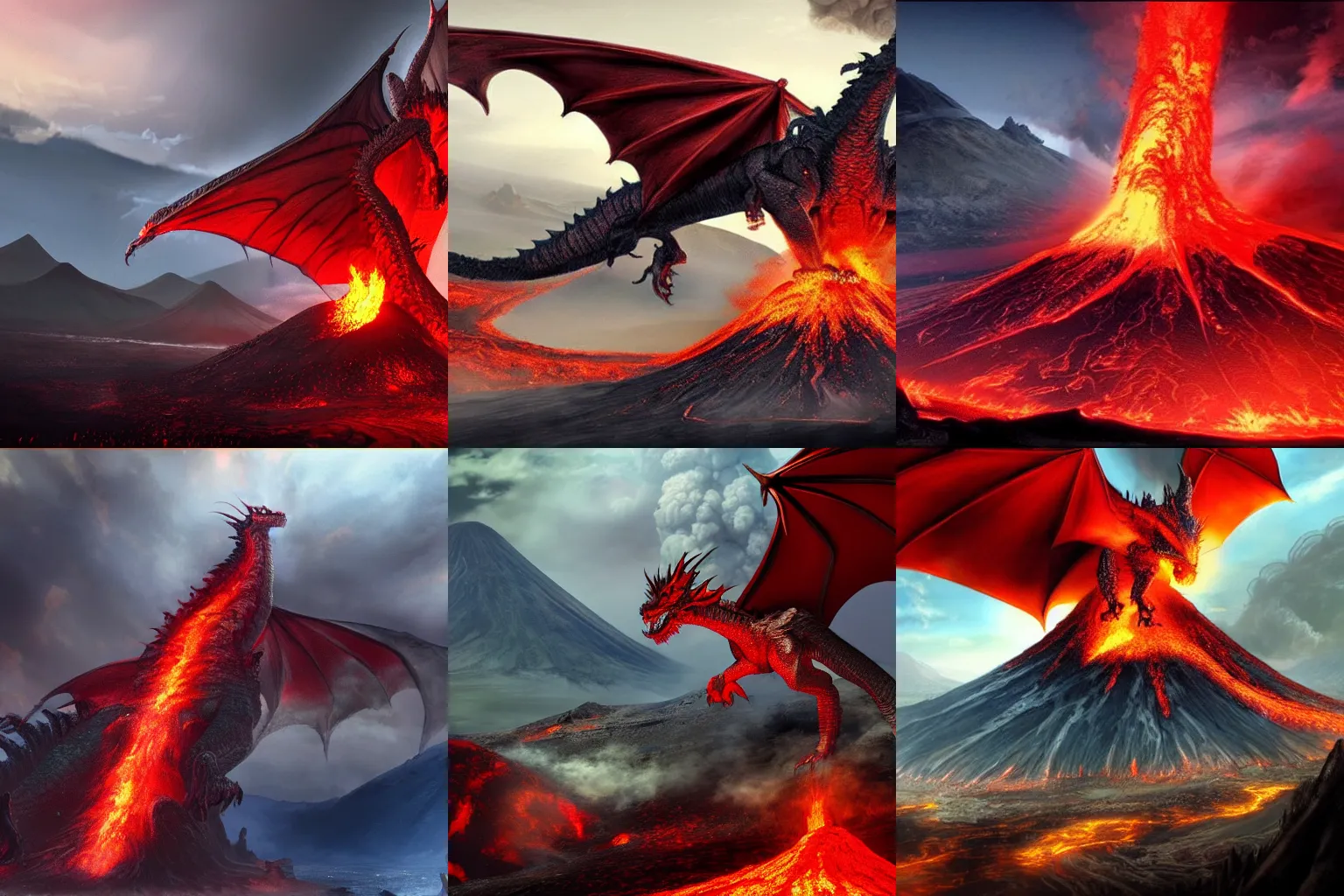 Prompt: enormous red dragon perched atop an erupting volcano. 4 k video game concept art. highly detailed. fantasy.