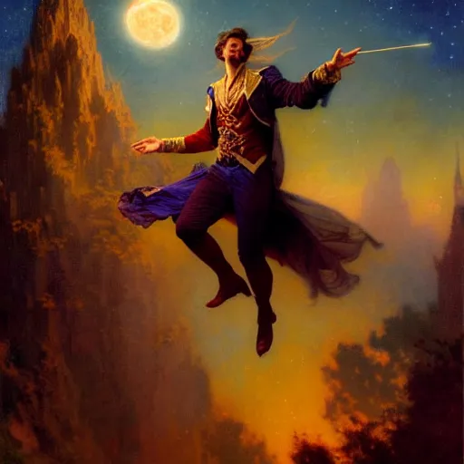 Image similar to attractive male wizard magically floating and flying high in the night sky, fantasy, full moon in background. highly detailed painting by gaston bussiere, craig mullins, j. c. leyendecker, mid shot, 8 k