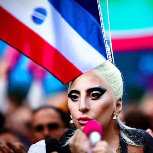 Image similar to Lady Gaga as president, Argentina presidential rally, Argentine flags behind, bokeh, giving a speech, detailed face, Argentina