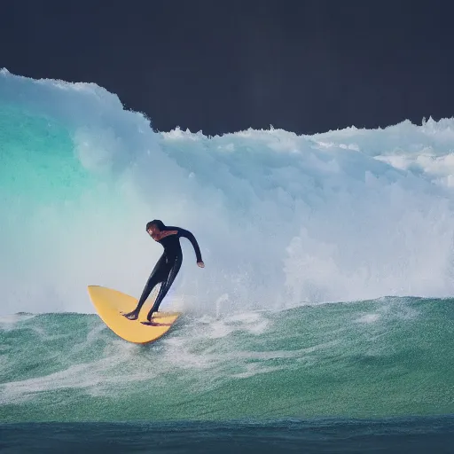 Prompt: professional photo of a surfer on a huge wave, summer season, 8 k