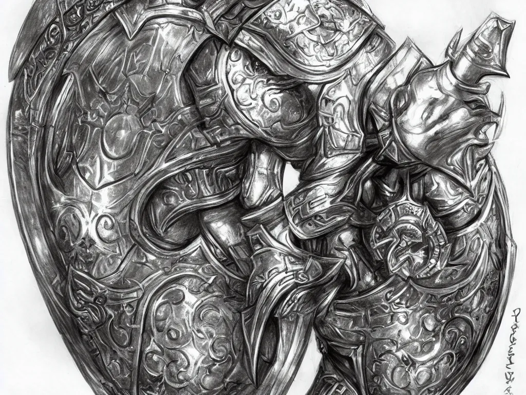 Prompt: a drawing of an ornamental shield in a warrior's hand, by yoshitaka amano, featured on pixiv, fantasy art, official art, androgynous, anime