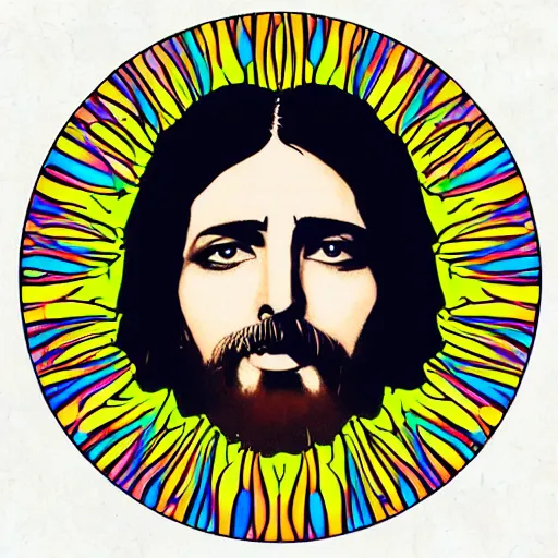 Image similar to a photograph of psychedelic Jesus in the 1960s, digital art in the style of Takashi Murakami