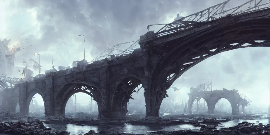 Prompt: huge white cotton everywhere on the destroyed harbour bridge, smooth, sharp focus, highly detailed, 3 d octane render, epic lighting, tragic atmosphere,, lots of white cotton, 8 k, by greg rutkowski