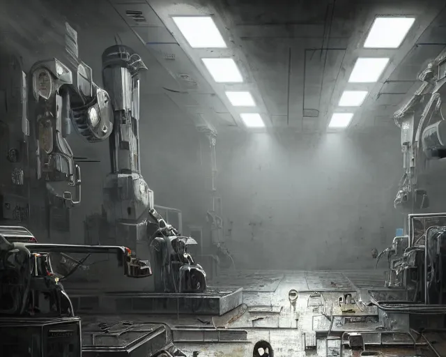 Image similar to robo in gloomy ruined server room in datacenter robot painting concept art of automata rusty steel robot knight colossus welder pacing mono eyed, sharp focus, emitting diodes, smoke, artillery, sparks, racks, motherboard, by pascal blanche rutkowski repin artstation hyperrealism detailed matte painting, 4 k resolution blade runner