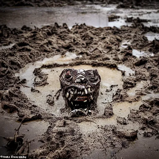 Image similar to something dead and rotten and grinning clawing its way through the mud, eyes bulging grotesquely, horror, photography