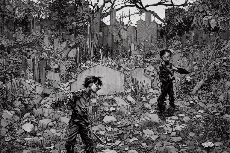 Image similar to abandoned overgrown graveyard, a child standing holding a knife, very coherent, intricate design, painting by Laurie Greasley, part by Yoji Shinkawa, part by Norman Rockwell