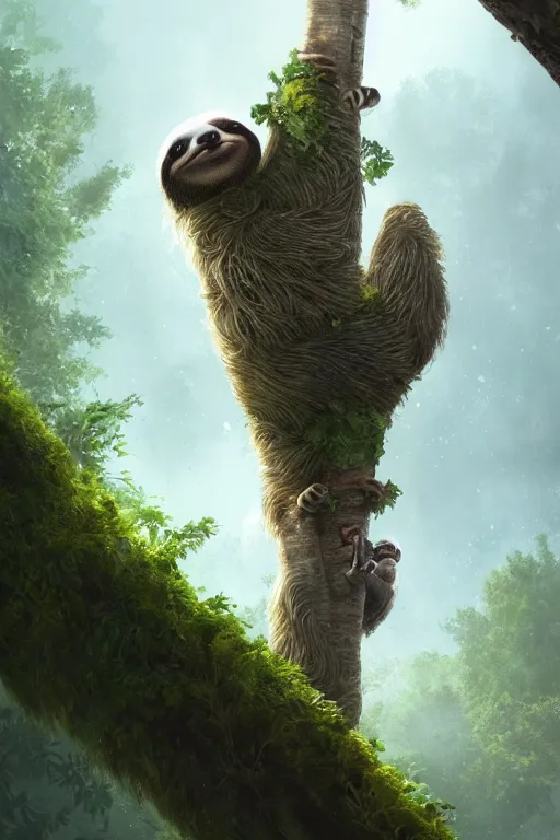 Prompt: sloth in the tree, trending on artstation, greg rutkowski cinematic, hyper realism, high detail, octane render, 8 k