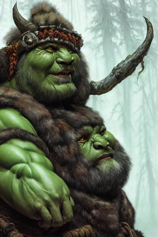 Image similar to portrait of a druidic green mountain orc, looking at camera, d & d, savage warrior, fur attire, aztec hair, large noses, intricate, fantasy, extremely detailed, digital painting, artstation, concept art, smooth, sharp focus, illustration, ambient lighting, art by artgerm and greg rutkowski and alphonse mucha and simon stalenhag