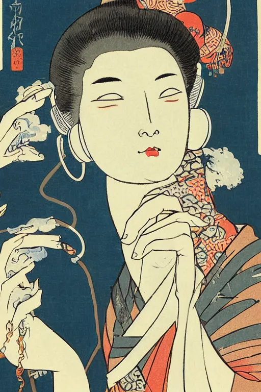 Image similar to a goddess with headphones and smoking a cigarette, in a silent disco rave, by katsushika hokusai, by ralph steadman, storybook illustration, cool color palette, in a symbolic and meaningful style, single figure