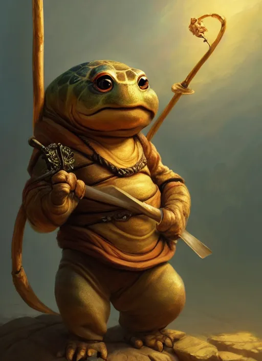 Image similar to cute wise sage anthropomorphic turtle holding a staff, subsurface scattering, by jesper ejsing, justin gerard, tomasz alen kopera, cgsociety and fenghua zhong, highly detailed, rim light, cinematic lighting, illustration, art, octane render, very coherent, cinematic, hyper realism, high detail, octane render, 8 k