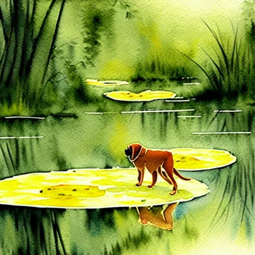 Prompt: a black woman and a light yellow labrador run along lilypads towards a vast forrest artistic, masterpiece fine details, rough vibrant watercolor painting
