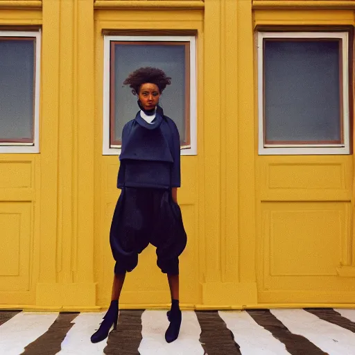 Image similar to realistic photoshooting for a new balenciaga lookbook, color film photography, portrait of a beautiful woman, set design by wes anderson, in style of Tyler Mitchell, 35mm,