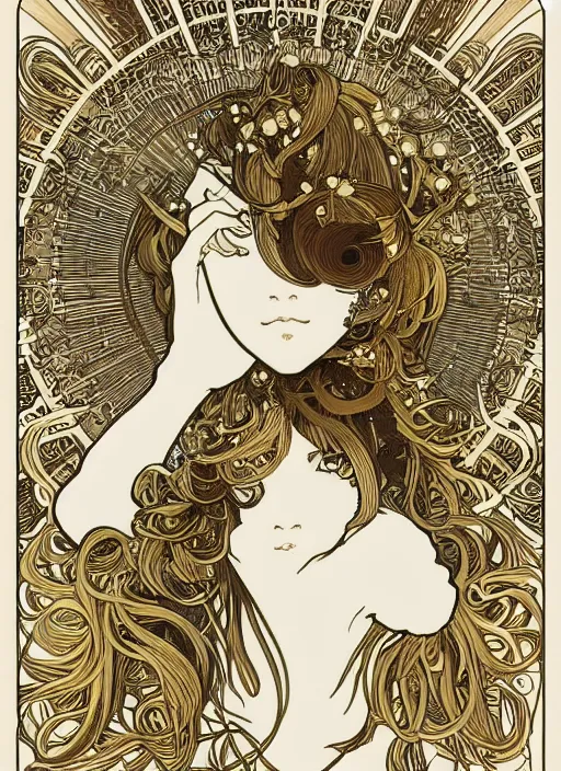 Image similar to photographer looking through camera, design on white background, gnarly details, gold, drawn by studio ghibli, alphonso mucha, lolish, trending on artstation