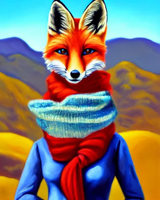 Image similar to oil painting portrait of anthropomorphic female fox animal dressed in sweater and scarf, fox animal, hollywood sign in background, oil painting,