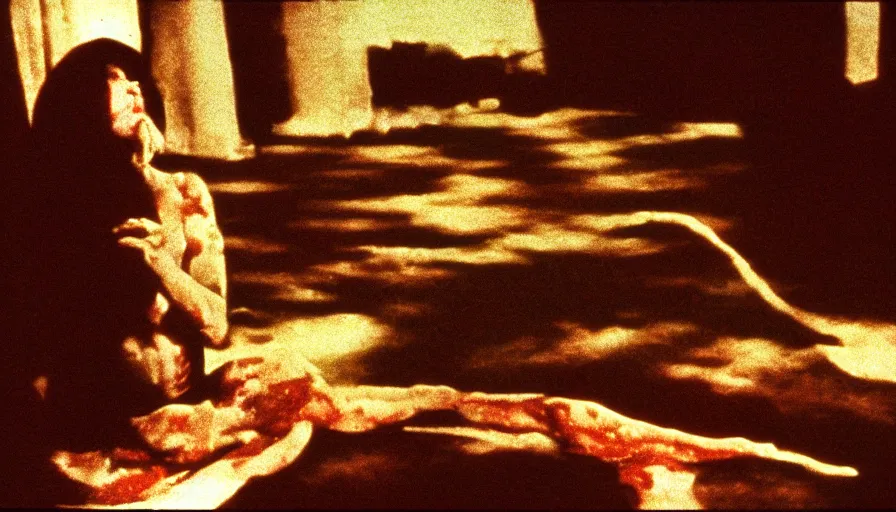 Prompt: 7 0 s film still from a horror movie featuring a person with no skin meditating, kodachrome, cinecolor, cinestill, photorealism, cinematic, film grain, film texture, vhs recording