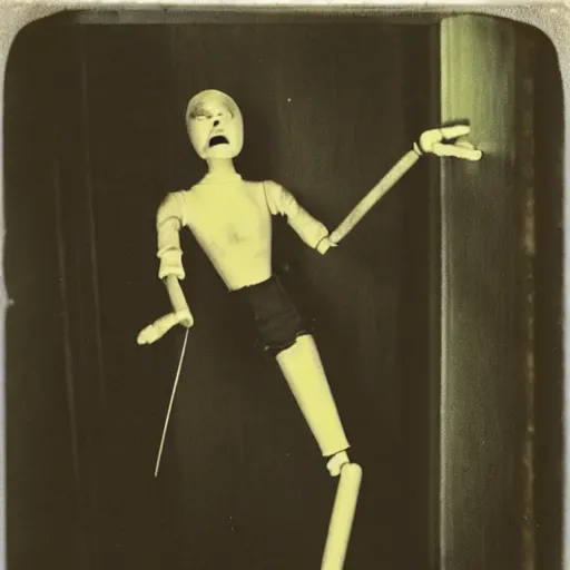 Image similar to female alive, creepy marionette puppet, horrific, unnerving, clockwork horror, pediophobia, lost photograph, dark, forgotten, final photo found before disaster, human laying unconscious in the background, polaroid,