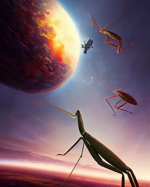 Image similar to a giant praying mantis in space eats planet, photo realistic, epic composition, epic light, high details by greg rutkowski and mark marc simonetti