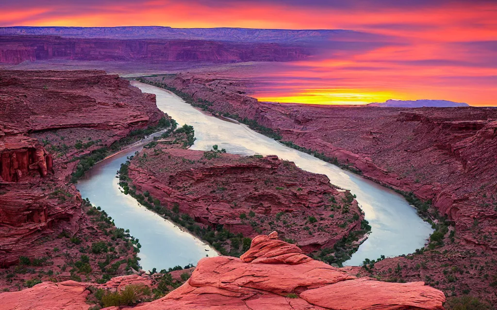 Image similar to “a river bend running through a canyon surrounded by desert mountains at sunset, moab, utah, a tilt shift photo by Frederic Church, trending on unsplash, hudson river school, photo taken with provia, national geographic photo”