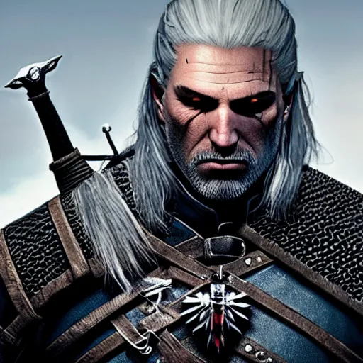 Image similar to geralt the witcher 3 with demon horns, photorealistic, realistic