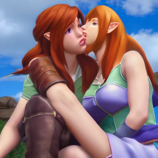 Prompt: female link and malon kissing, realistic, 3 d, raytracing, hd, max settings