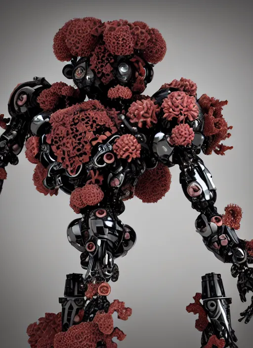 Image similar to biomechanical black mecha carrying perfume bottle enchanted coral kingdom made of corals, daisies, roses in an ivory room well contoured smooth fair walls, up close shot, sharp focus, global illumination, radiant light, alexandre ferra white mecha, irakli nadar, octane highly render, 4 k, ultra hd,